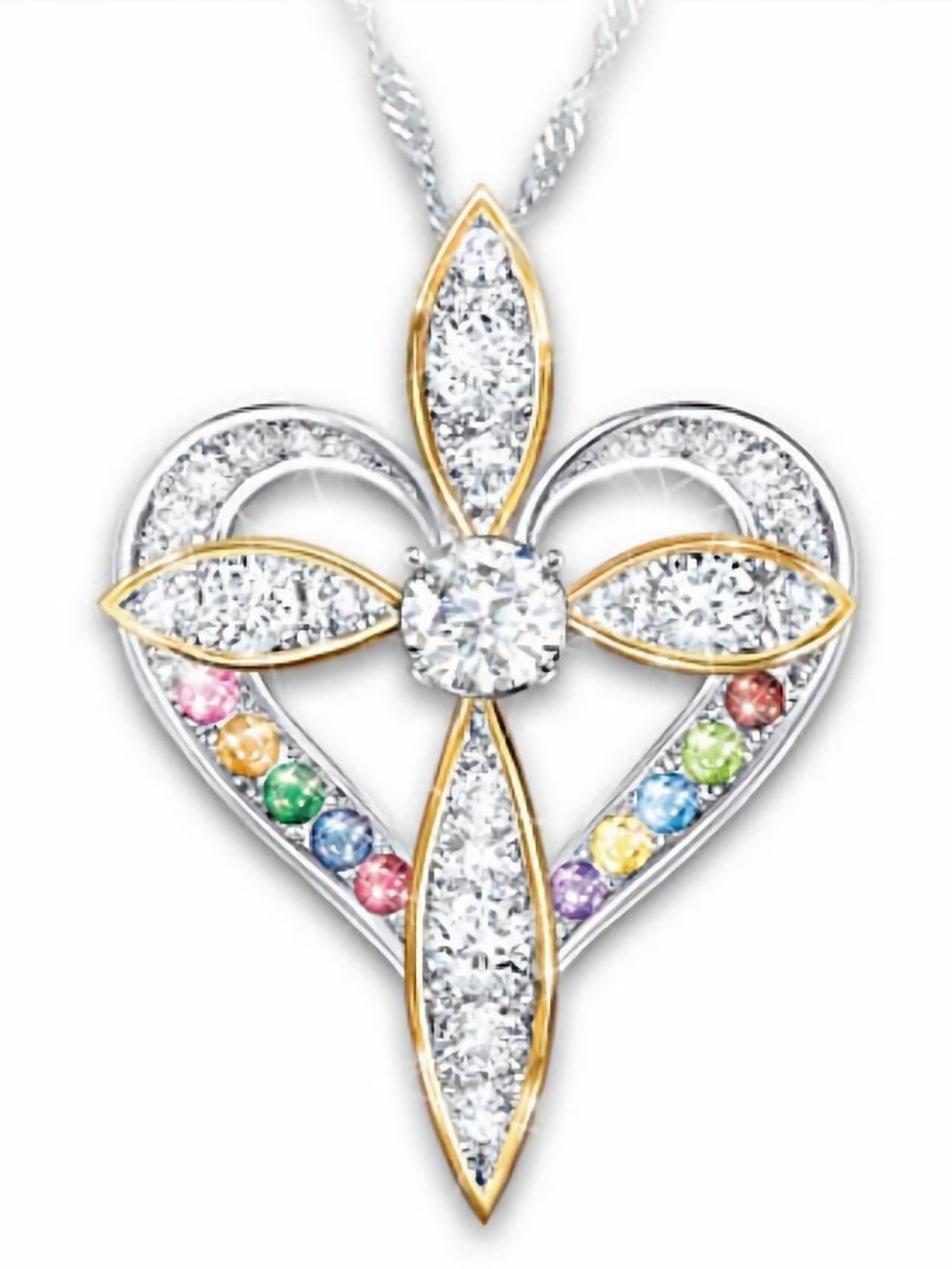 Multicolor Faux Gemstone Heart Cross Pendant Necklace in Silver and Gold - Picture 1 of 3